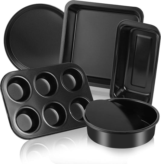 Skiennix 5-Piece Toaster Oven Baking Pan Set - Compact Nonstick Bakeware for RVs & Small Kitchens | Muffin, Loaf, Pizza, Cake & Square Pans