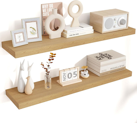 Venusmiles Floating Wall Shelves - 36 Inch Engineered Wood with Invisible Brackets | Oak Finish, Set of 2