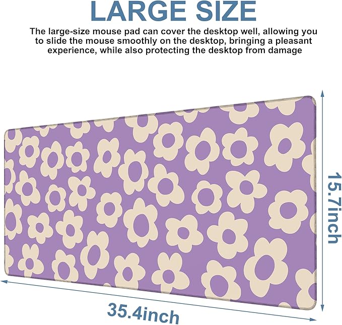 NITAHHHY Vintage Groovy Flowers Gaming Mouse Pad 3mm Thick Stitched Edge Waterproof Non-Slip Large Computer Keyboard Mouse Mat,Suitable for Office Entertainment Decorative Desk Pad 35.4 x 15.7 Inches