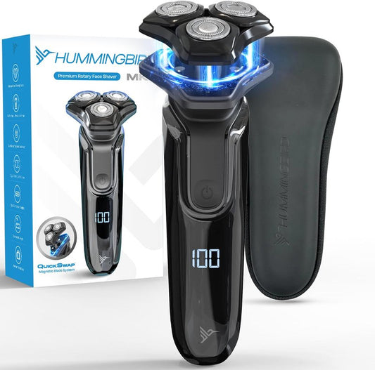 HUMMINGBIRD MK8 Premium Rotary Face Shaver, Rechargeable Wet & Dry Electric Shaver with Pop-up Trimmer, Electric Razor for Men, Waterproof, Cordless USB-C Rechargeable, LED Display, Travel Case