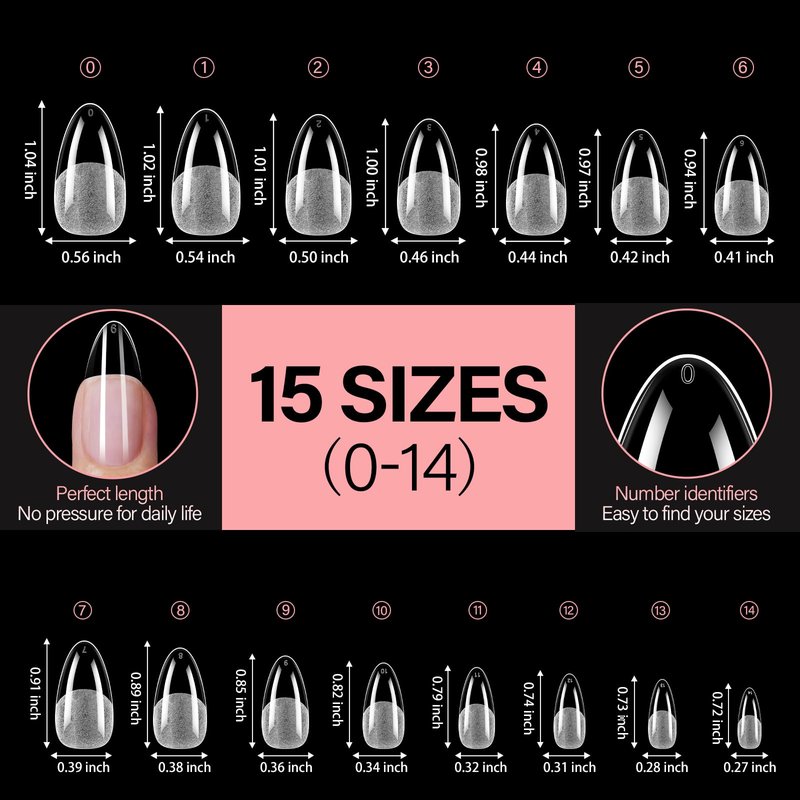 AILLSA Medium Almond Shaped Nail Tips - 15 Sizes 450pcs Acrylic Nails Tip Full Cover Half Matte Nails Tips Press on Nails for DIY Home Salon