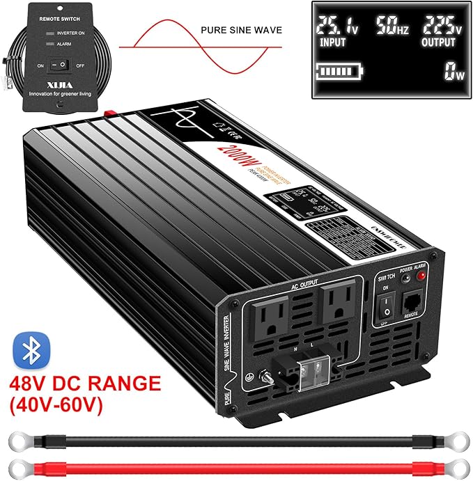 Xijia 2000W Pure Sine Wave Inverter, 48V to 120V AC Power Converter for Winter Home Backup, Solar Systems, RV and Truck Cold-Weather Use, Remote & Bluetooth Control, with 2×20A AC Sockets, 4000W Peak