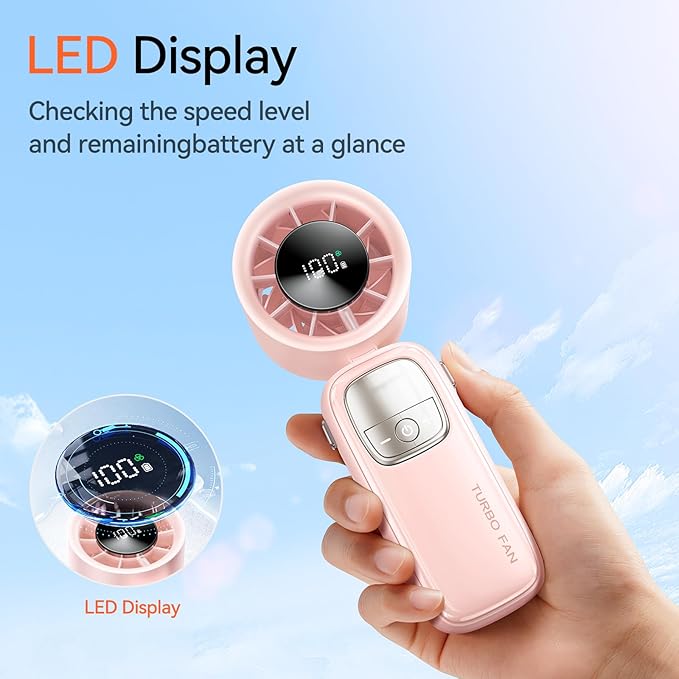 KIMMOO 3-in-1 Portable Handheld Turbo Fan-100 Speeds, 15000 RPM, 10Hrs Cooling, LED Display, 90° Rotation, Small Travel Fan, Mini Foldable Hand Held Personal Fan for Women Men (Pink)