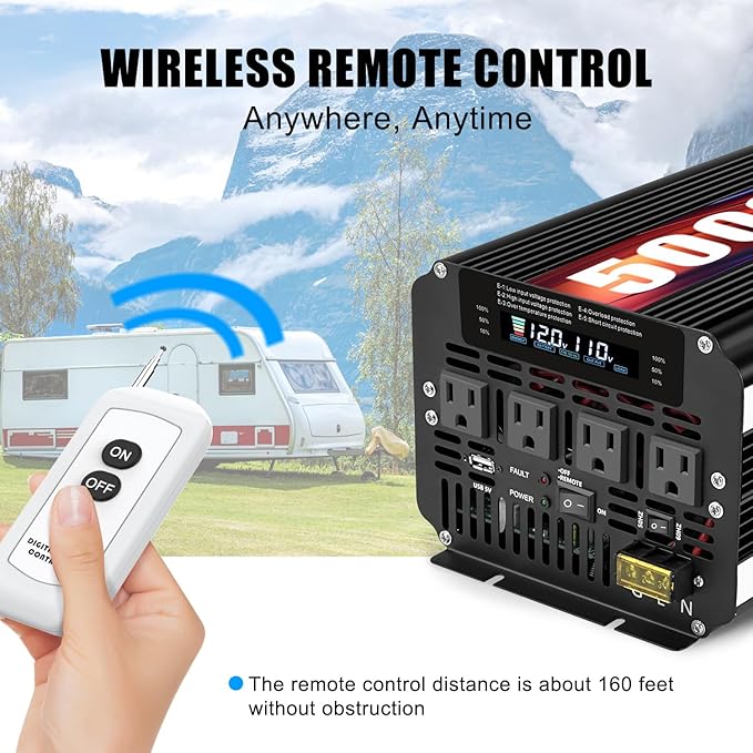 LVYUAN 5000 Watt Power Inverter 12V to 110V 120V with 4 AC Outlets, LCD Display, Wireless Remote Control for Vehicle, Solar System, Heavy Duty, RV, Truck, Off Grid, Camping