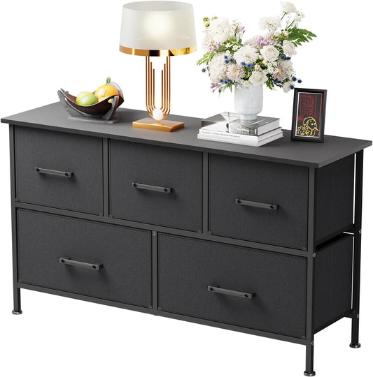 PayLessHere Fabric Dresser - 5-Drawer Wide Chest of Drawers with Metal Frame & Wood Top | Black Storage Unit for Bedroom & Living Room