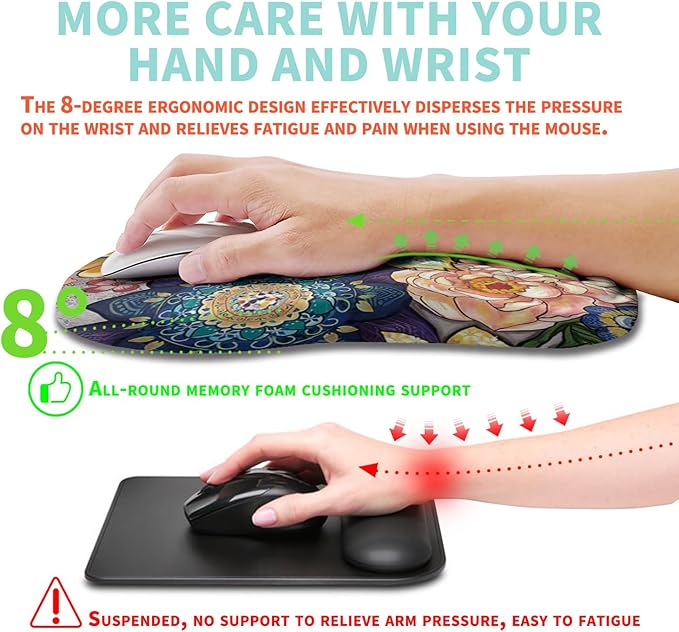 Kuosgm Ergonomic Mouse Pad Wrist Support with Memory Foam Massage Bulge, Carpal Tunnel Pain Relief Mousepad Wrist Rest for Mouse(12x8 inch, Blooming)