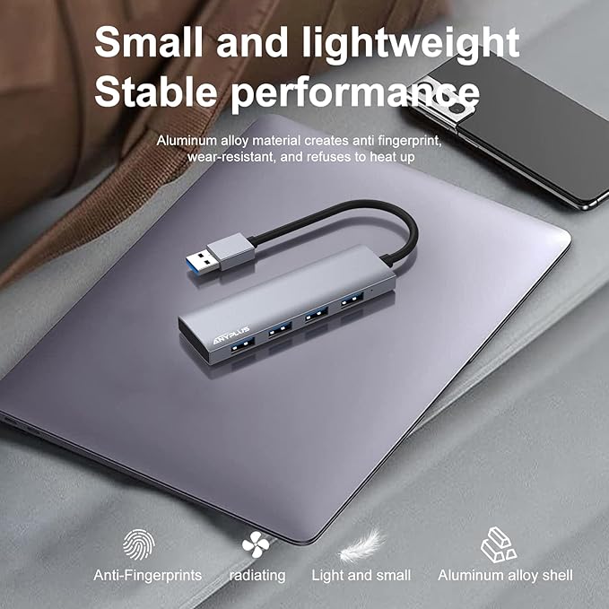 ANYPLUS USB Hub, USB 3.0 Hub Aluminum Alloy Ultra Slim USB Splitter, Portable 4 Port USB Extender, USB Hub for Laptop, PC, MacBook, iMac, Surface Pro, Mac Pro, Flash Drive, XPS 【Grey】