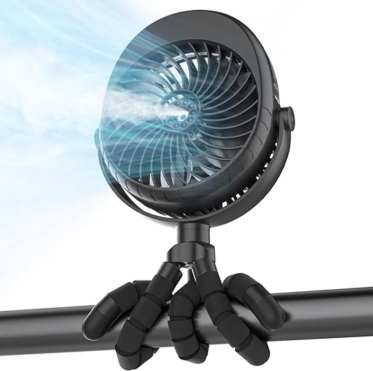 2025 Upgarded 4000mAh Misting Baby Stroller Fan, Rechargeable Battery Operated,Max 15Hrs Cooling,50ml Portable Water Sprayer Misting Fan with Flexible Tripod Clip on Car Seat Crib Treadmill Bunk Bed