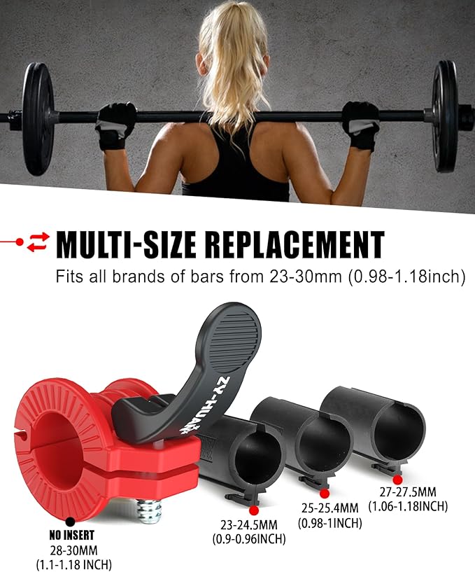 ZY-HUAN Pro Barbell Clips 1 inch Barbell Clamps 0.9-1.18inch Quick Release Weight Clips for Bars Multi-Size Adjustable Olympic Barbell Clamps (Red+Black)