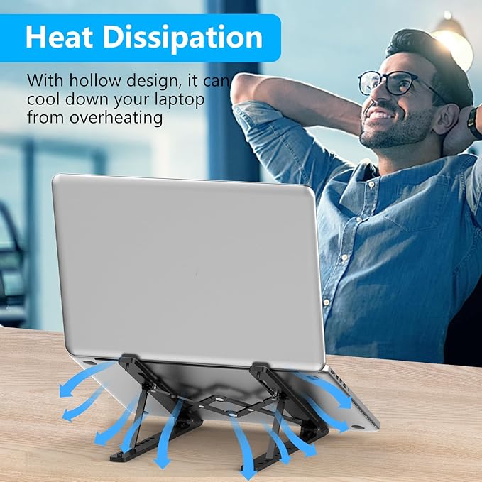 Gogoonike Adjustable Laptop Stand, Portable Laptop Riser for Desk, ABS+Silicone Foldable Ventilated Cooling Notebook Holder Stand for 10-15.6” Laptops, Tablets