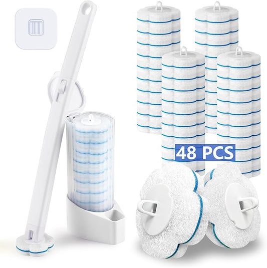 Disposable Toilet Brush and Holder Set with 48 Toilet Cleaner Refills，Toilet Wand Kit with Toilet Brush Refill Pads Disposable Toilet Cleaning System for Toilet Bowl，Bathtub，Bathroom - White