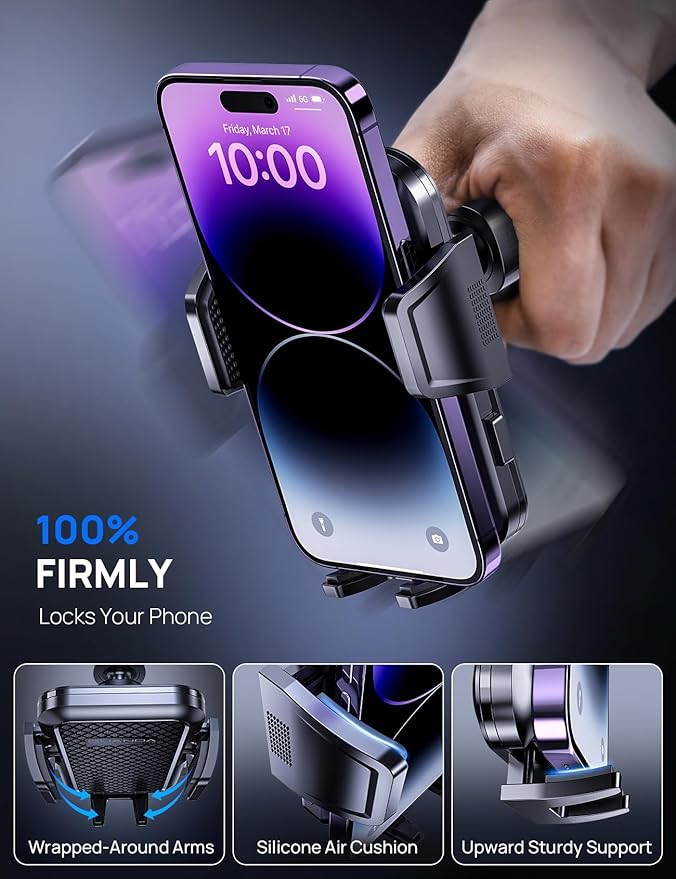 Firm-hold Air Vent Car Phone Holder for iPhone,Rotatable Universal Phone Mount with Adjustable Wide Clamp Metal Hook,Anti-vibration,Single-press Release,Heat-resistant,(Upgrade Hook Clip Never Shake)