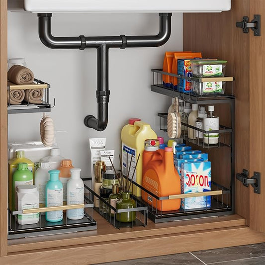 Under Sink Organizer and Storage for Bathroom and Kitchen - 2 Pack 3 Tier Under Cabinet Pull Out Shelf Organizers - Slide Out Drawer Organization for Home Cabinets Shelves and Drawers