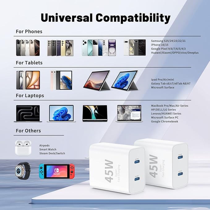QZIIW iPhone 17 16 15 Pro Max Charger Fast Charging,45W Dual Port USB C Fast Charger Block [2-Pack] & Extra Long 60W 3/6/10/10FT USB C Cable - PD Quick Adapter 3.0 for iPhone 16 15 17/16 15 17 Pro.