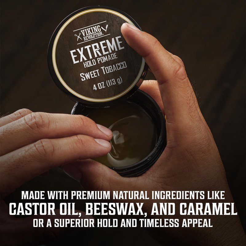 Viking Revolution Sweet Tobacco Hair Pomade - Extreme Hold Water-Based Hair Gel for Men | 4oz