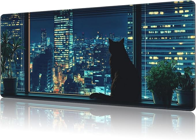 NIYLYNSYN Mouse Pad Large Black Cat Non-Slip Gaming Desk Mat with Stitched Edge Laptop Keyboard Desk Pad for Work Home Gaming (35.4 x 15.7 Inches)