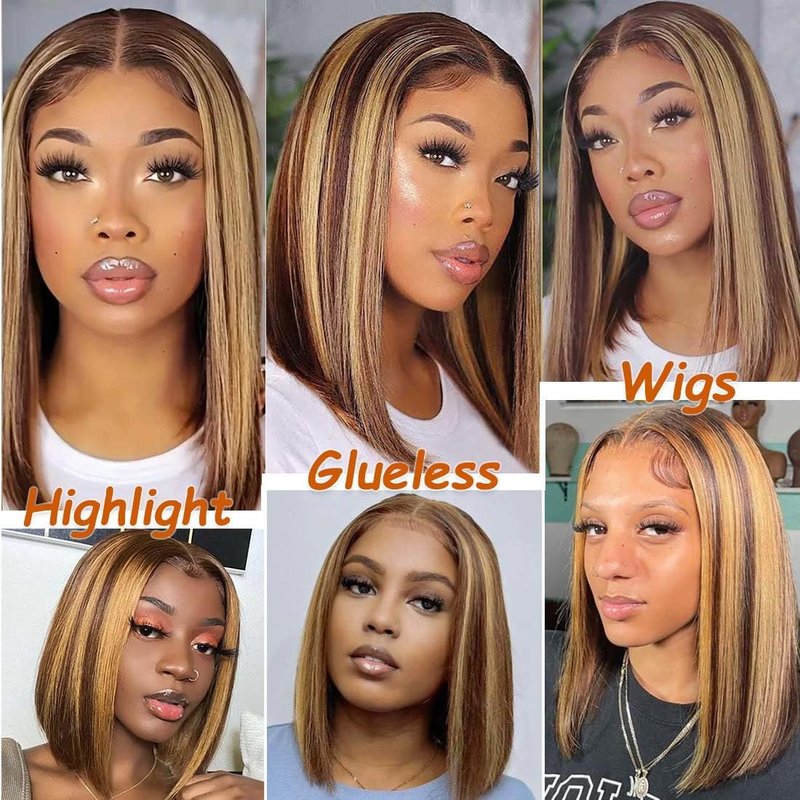 Selina 4x4 Straight Highlight Ombre Bob Wig Human Hair Hd Lace Front Wigs Human Hair Gluless 100% Remy Hair for Women Transparent Lace Wig 12 Inch