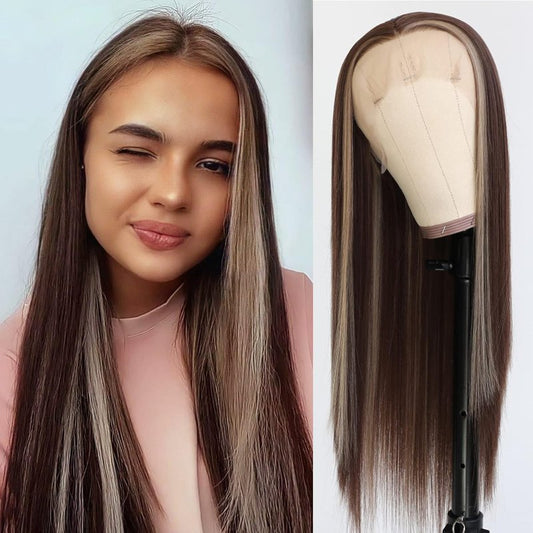 Brown Hair Highlights Lace Front Wig - Long Straight Synthetic Hair, Heat Resistant | 13x3 Size
