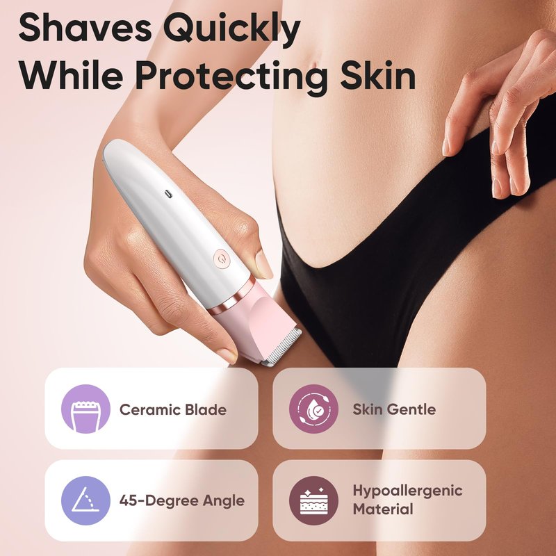 Bikini Trimmer for Women, Painless Electric Razor Shaver Women - Rechargeable Body Hair Trimmer, 3-In-1 Detachable Removal Kit with Ceramic Blade, Cordless Lady Shaver for Trip, IPX7 Waterproof, White