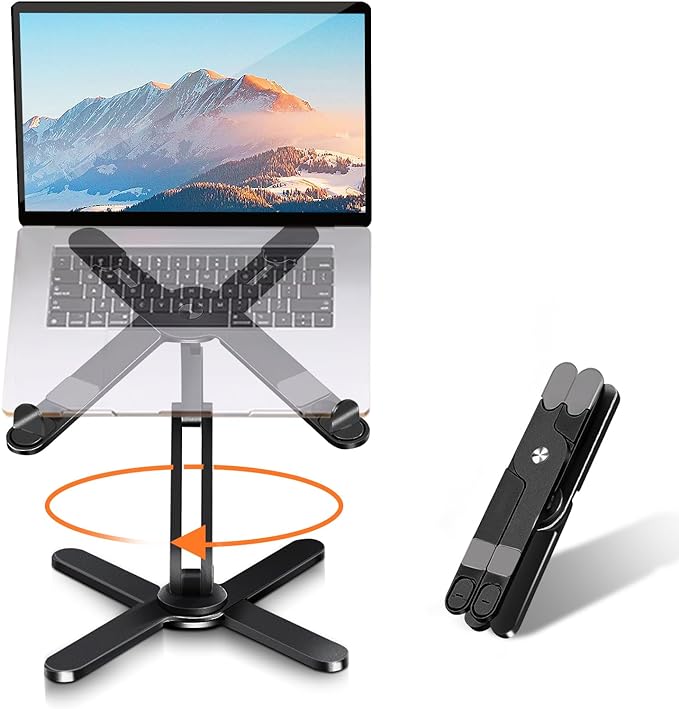 Moallia N86 360 Rotating Laptop Stand, Adjustable Height & Angle, Ergonomic Metal Riser for Desk Collaborative Work, Fully Foldable for Easy Storage, Fits All MacBook & Laptops up to 16 inches, Black