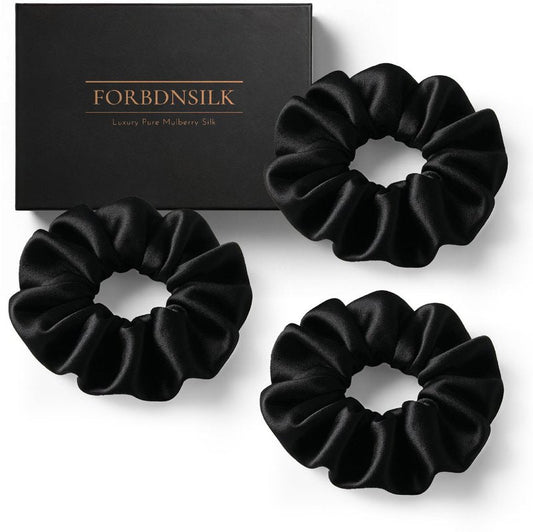 FORBDNSILK 100% Pure 22 Momme Mulberry Silk Scrunchies (Set of 3) | Highest grade (6A) Luxury Hair Ties| (Black,White,Pink) | (Black, Standard)