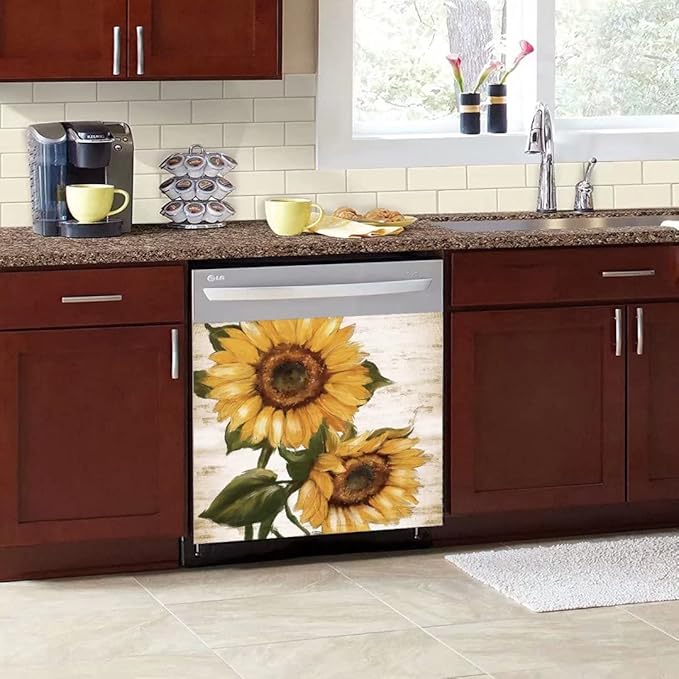 Retro Sunflower Kitchen Sticker Decor Dishwasher Cover Magnet, You are My Sunshine Dish Washer Door Panel Decal Magnetic, Refrigerator Magnet Decal Decor, Magnetic 23"x17"INCH