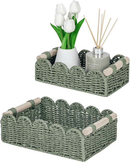 CubesLand Scalloped Edge Decor Baskets - Stylish Storage for Home | Set of 2 Green Paper Rope Baskets