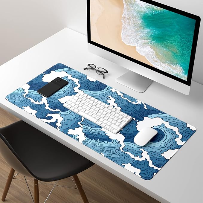 Atufsuat Extended Gaming Mouse Pad, Japanese Blue White Wave Mousepad, XL Large Mouse Mat Desk Pad 30 x 14 Inch, Waterproof Anime Mouse Pad with Stitched Edges and Non-Slip Base for Office Gaming