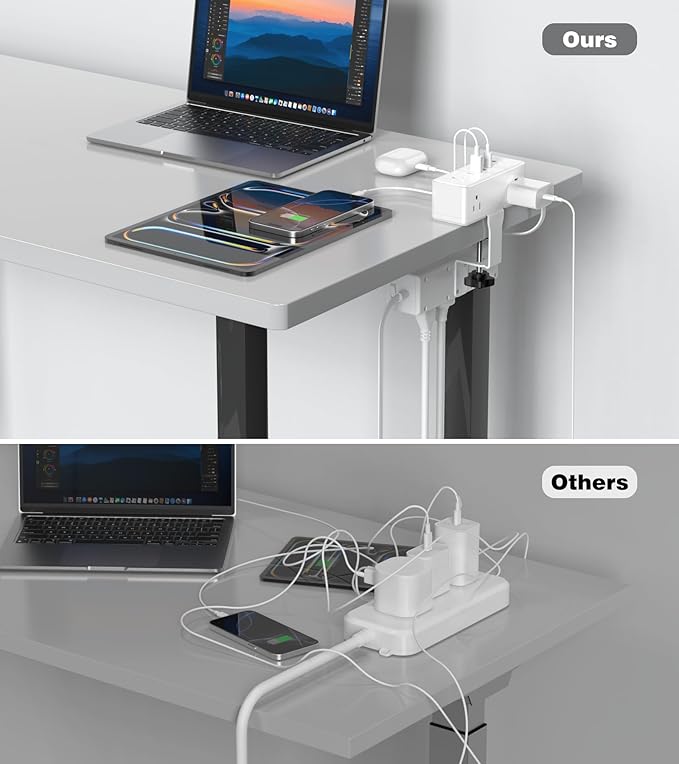 Dual Layer Desk Clamp Power Strip with 4 USB Ports(20W USB-C) & 15 AC Outlets, Desktop Edge Mount Surge Protector, Ultra Thin Flat Plug & 5FT Power Cord for Office Home(ETL Listed)