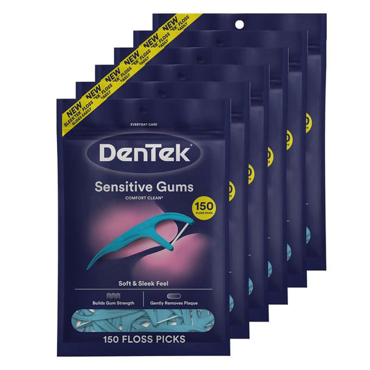 DenTek Comfort Clean Sensitive Gums Floss Picks, Soft & Silky Ribbon, 150 Count, 6 Pack (Blue)