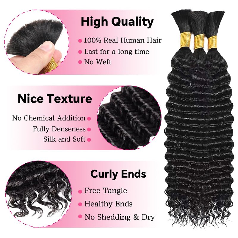 Human Braiding Hair - Deep Wave Bulk 3 Bundles 14 Inch Brazilian Virgin Curly Extensions | Perfect for Boho Braids