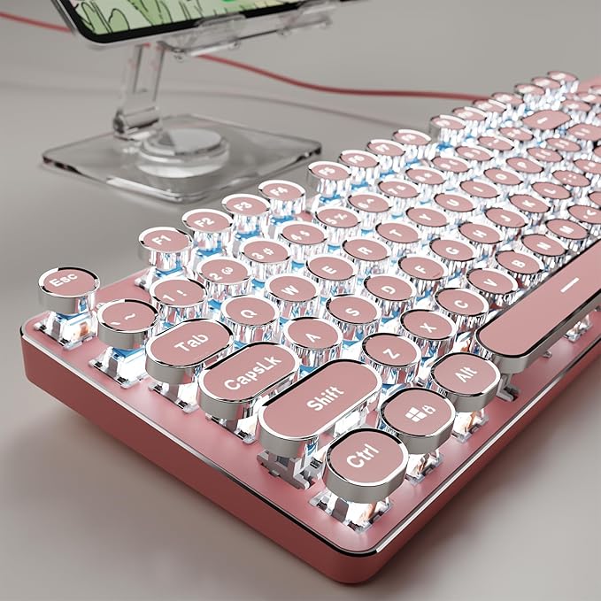 SEUNKWANG Typewriter Style Mechanical Gaming Keyboard with White Backlit, Wired Retro Punk Computer Keyboard Durable Metal Panel, Clicky Blue Switch, Round Keycaps, Full-Size for PC/Desktop/Win, Pink