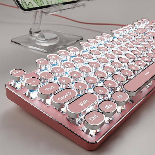 SEUNKWANG Typewriter Style Mechanical Gaming Keyboard with White Backlit, Wired Retro Punk Computer Keyboard Durable Metal Panel, Clicky Blue Switch, Round Keycaps, Full-Size for PC/Desktop/Win, Pink