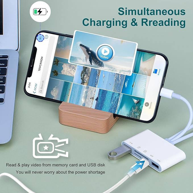 SD Card Reader for iPhone/iPad, 5-in-1 Universal Memory Card Reader for SD/TF Card/USB Drive, USB C/Lighting/USB Connector Compatible with iPhone 17/iPad Pro/Galaxy/MacBook/Dell etc.