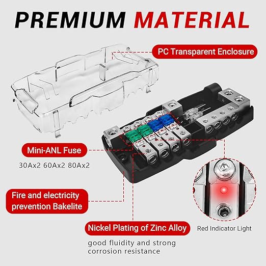 CXCESNS Fused Power Distribution Block Car Audio 4 Way MIDI(Mini-ANL) 12V Fuse Block with Red LED Indicator, 0/4 Gauge Input 4/8 Gauge Output for Auto Marine UTV