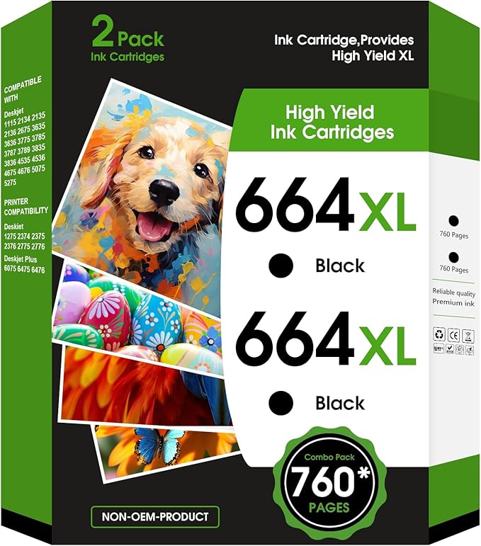 fannster 664XL Ink Cartridge Replacement for 664 664XL 664 XL Ink Cartridges Black for DeskJet Ink Advantage 1115 2135 2138 3635 3636 3638 4535 4536 4538 4675 4676 4678 Printer Ink 2 Black