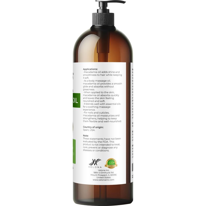 velona Macadamia Nut Oil 32 Fl Oz | 100% Pure and Natural Carrier Oil | Refined | Cooking, Skin, Hair, Body & Face Moisturizing | Use Today - Enjoy Results