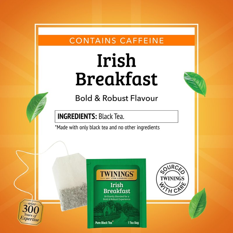 Twinings Irish Breakfast Black Tea Individually Wrapped Bags, 50 Count (Pack of 6), Flavourful, Bold, Robust, Caffeinated, Enjoy Hot or Iced, 300 Teabags