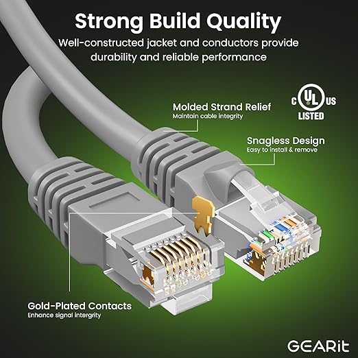 GEARit Cat 6 Ethernet Patch Cables 3 ft Gray (Cat 6 Ethernet Cables 3 ft 24-Pack), CAT6 High Speed 24AWG 10Gbps RJ45 Snagless Gold-Plated, Ethernet Cable for Router, Switch, PC, PS5 Gaming, Server