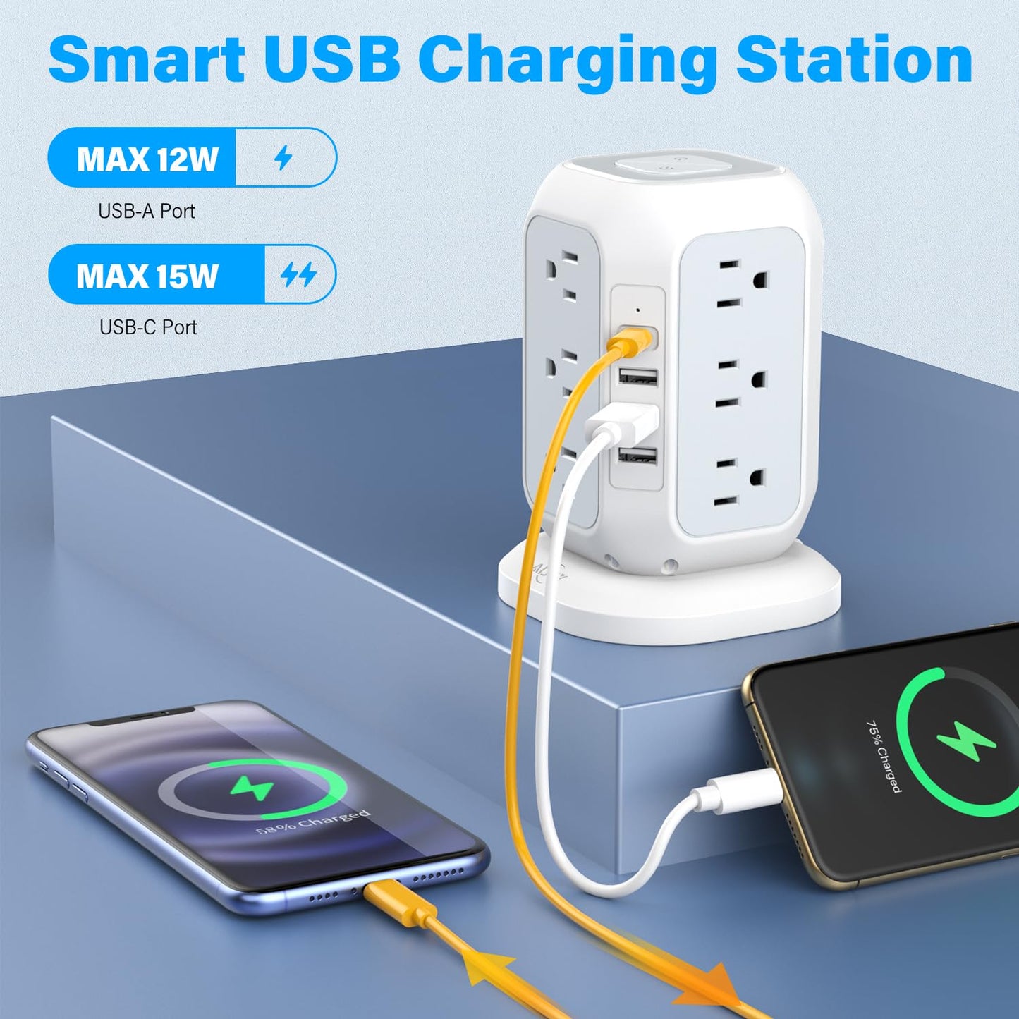 AiJoy Surge Protector Power Strip - 12 AC Outlets, 4 USB Ports (1 USB-C), 10ft Extension Cord, Charging Station with Surge Protection for Home, Office, Dorm