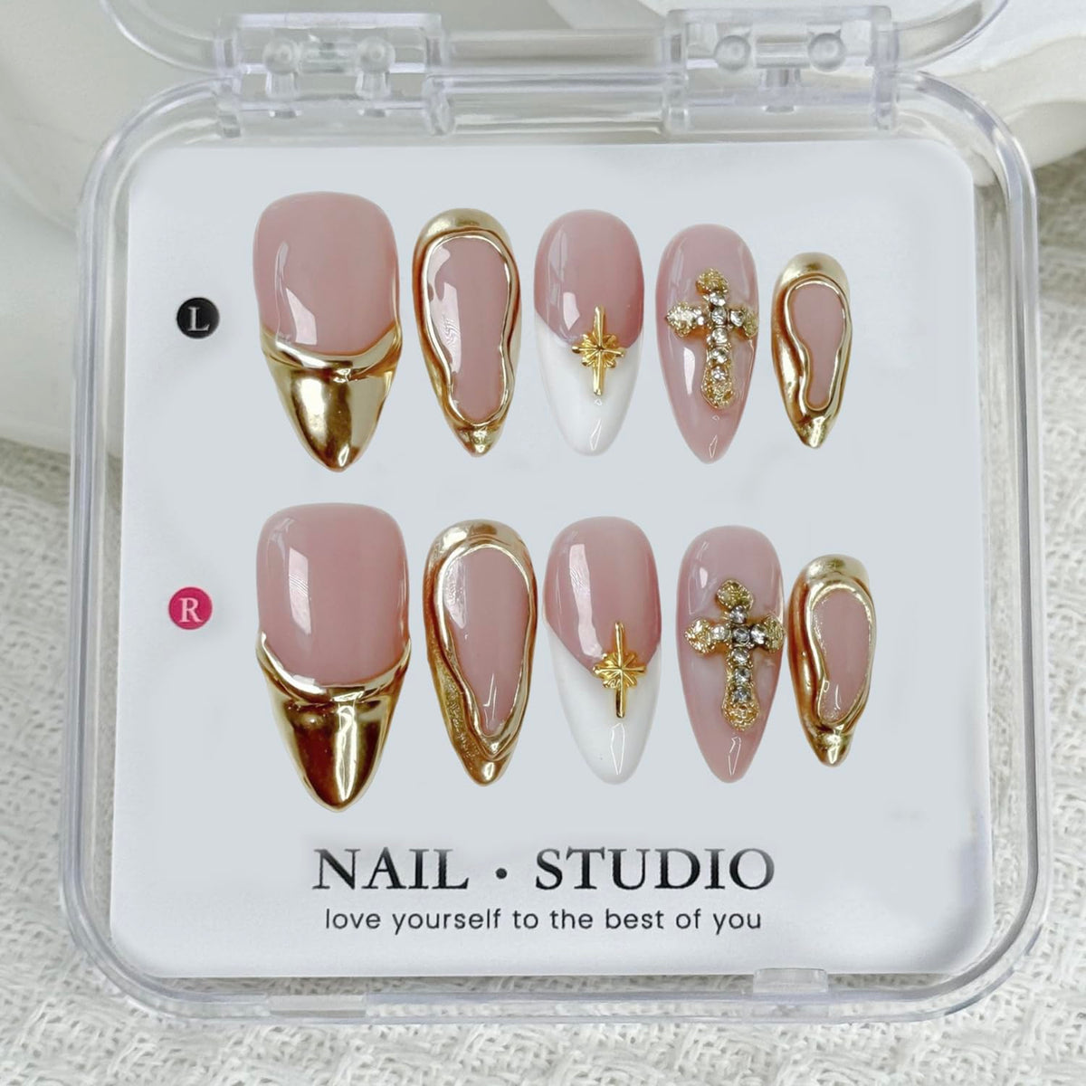 Handmade Fake Nails Medium Almond Press on Nails Rhinestones 3D Gold Curve Line False Nail French with Cross Designs Glossy Glue on Nail DIY for Women Manicure Art (Size S)