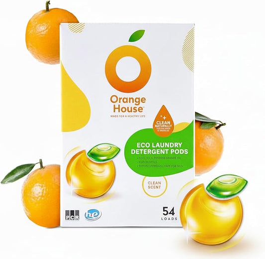 ORANGE HOUSE Laundry Detergent Pods, Natural Plant-Based Detergent with Orange Oil | Hypoallergenic, Free & Clear, Scent-Free, HE & Standard Machine Compatible, Gentle for Sensitive Skin, 54 Count