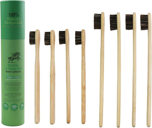 Natural Bamboo Toothbrush Family Pack | Eco-Friendly Horsehair Bristles - 4 Kids & 4 Adults - Compostable & Biodegradable