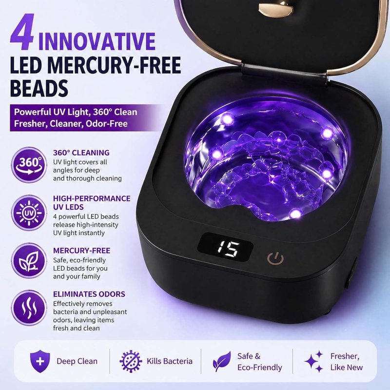 Ultrasonic Retainer Cleaner - 48kHz Dental Cleaner for Aligners, Mouth Guards & Jewelry | 250ml Pod, 3 Cleaning Modes