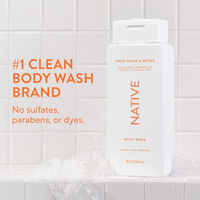 Native Sweet Peach & Nectar Scent 24-Hr Refreshing Clean Body Wash for Women & Men, for All Skin Types Incl. Sensitive, Leaves Skin Feeling Clean & Soft, with Gourmand Fragrance, 18 oz