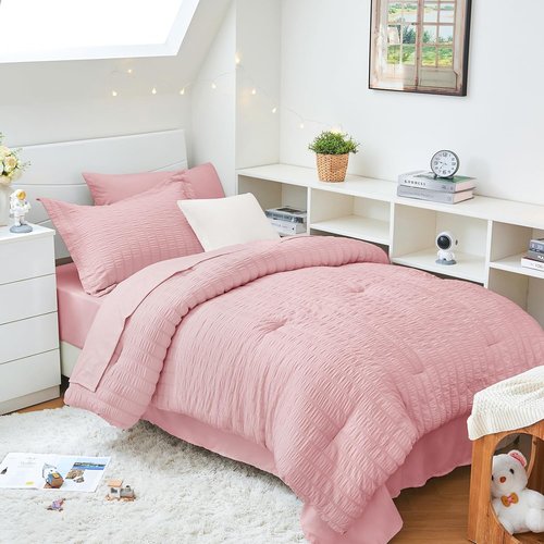 HYMOKEGE Twin XL Comforter Set - Luxury 5-Piece Seersucker Bedding in Pink for All Seasons