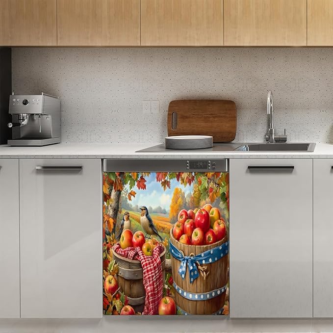 Autumn Apple Bird Maple Dishwasher Magnet Cover for The Front Magnetic Dishwasher Door Covers Dish Washer Sticker Wrap Home Decorative Appliances Panel Decal Kitchen Decor 23" x 26" (Magnetic)