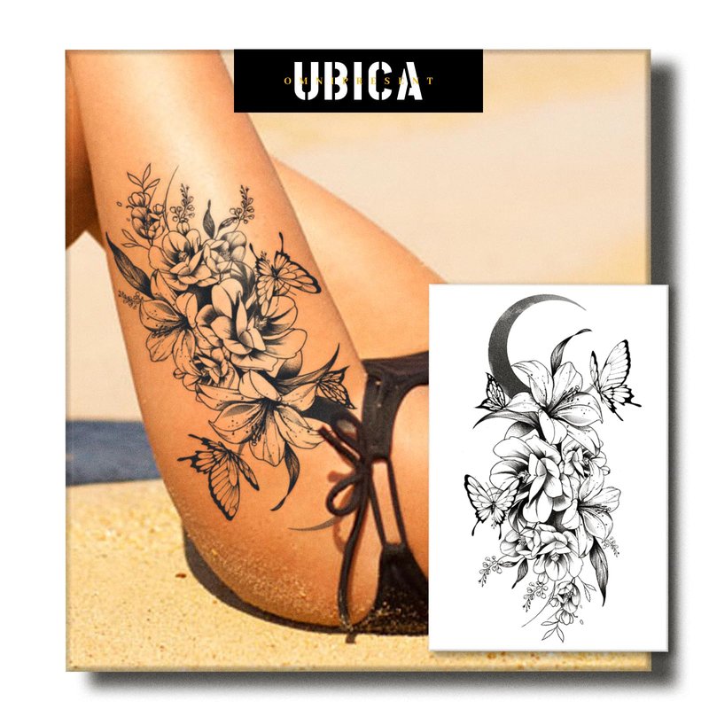 UBICA 2 Sheets Semi Permanent Tattoos, Temporary Tattoo for Women, Lasts 7-15 Days Water-Resistant Fake Tattoo Stickers, Realistic Flower Design for Party (7.5x4.8 in), Non-Reflective & Safe for Skin