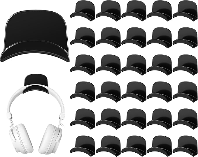 Wonderjune 30 Pcs Headphone Hanger Holder Desk Adhesive Headphone Hook Graduation Wall Hook Mount Strong Universal Acrylic Holder Hooks for General Purpose Game Earphone Controller(Black)