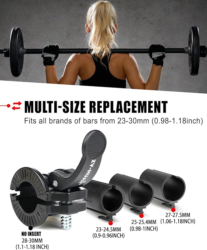 ZY-HUAN Pro Barbell Clips 1 inch Barbell Clamps 0.9-1.18inch Quick Release Weight Clips for Bars Multi-Size Adjustable Olympic Barbell Clamps (Black)